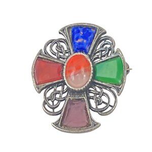 Vintage Miracle Irish Colorful Celtic Cross Brooch Pin Multicolor Stones Silver-